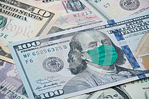 Benjamin Franklin president wear face mask on US dollar bill banknote background. Global novel coronavirus Covid-19 outbreak