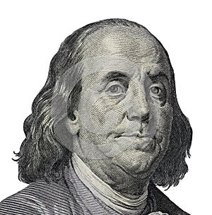 Benjamin Franklin. Qualitative portrait from 100 dollars banknote Clipping path included photo