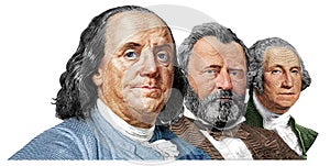 Benjamin Franklin, Ulysses S. Grant and  George Washington cut on 100, 50, 1 dollars banknote