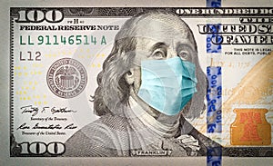 Benjamin Franklin With Worried and Concerned Expression Wearing Medical Face Mask On One Hundred Dollar Bill