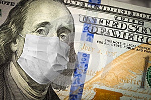 Benjamin Franklin With Worried and Concerned Expression Wearing Medical Face Mask On One Hundred Dollar Bill