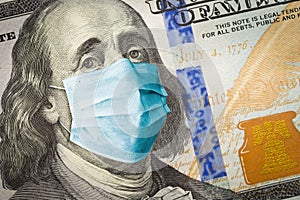 Benjamin Franklin With Worried and Concerned Expression Wearing Medical Face Mask On One Hundred Dollar Bill