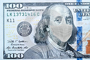 Benjamin Franklin With Worried and Concerned Expression Wearing Medical White  Face Mask On One Hundred Dollar Bill