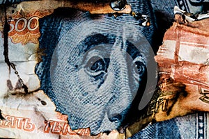 Benjamin Franklins face peeking out of a hole in a 5000 ruble banknote