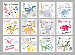 Benner card dinosaur color set. Vector dinosaurs on white background. Tyranosaurus Rex, Stegosaurus, Brachiosaurus