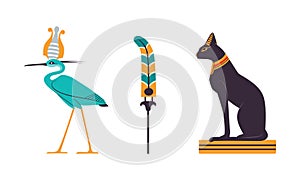 Bennu as Ancient Egyptian Deity and Black Bastet Cat Statue as Egypt Symbol Vector Set