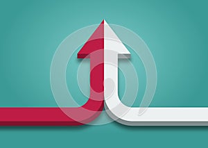 Bent arrow of two red and white ones merging on turquoise blue background. Partnership merger alliance and joining concept.