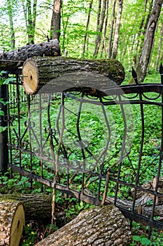 A bent metal fence on which a tree fell