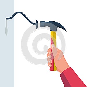 Bent nail and hammer. Hammer in hand. Vector flat.