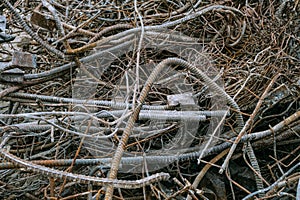 Bent steel reinforcing bars rods after collapse constructions