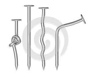 Bent, straight and knotted metal nails. Realistic vector.