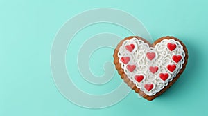 Bento cake with heart shaped heart pattern on turquoise background, Valentine\'s Day, free space for text