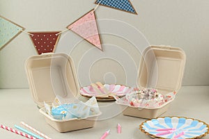 Bento Cakes, Small Cake in a Lunchboxes on a Cream Concrete Background