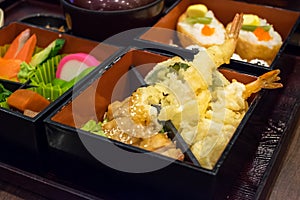 Bento set of prawn tempura and chicken teriyaki