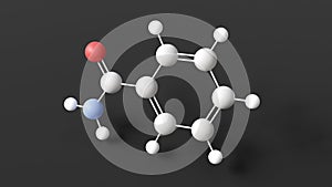 benzamide molecule, molecular structure, amide derivative, ball and stick 3d model, structural chemical formula with colored atoms