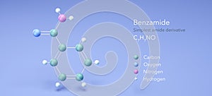 benzamide molecule, molecular structures, amide derivative, 3d model, Structural Chemical Formula and Atoms with Color Coding