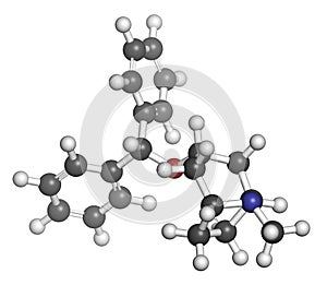 Benzatropine (benztropine) anticholinergic drug molecule. Used in treatment of Parkinson\'s disease and Parkinsonism. Atoms are