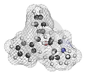 Benzatropine (benztropine) anticholinergic drug molecule. Used in treatment of Parkinson\'s disease and Parkinsonism. Atoms are