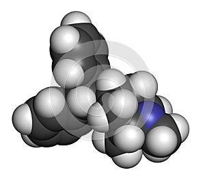 Benzatropine (benztropine) anticholinergic drug molecule. Used in treatment of Parkinson\'s disease and Parkinsonism. Atoms are photo