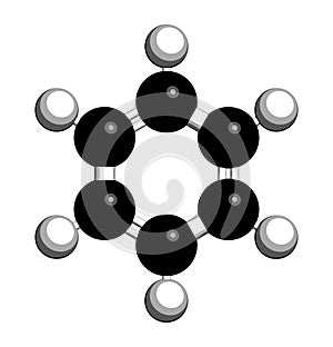 Benzene aromatic hydrocarbon molecule. Important in petrochemistry, component of gasoline. 3D rendering. Atoms are represented as.