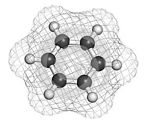 Benzene aromatic hydrocarbon molecule. Important in petrochemistry, component of gasoline. Atoms are represented as spheres with