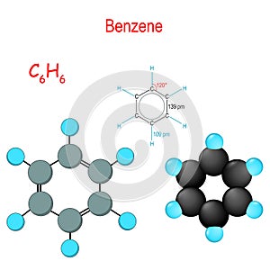 Benzene. C6H6. Chemical structural formula and model of molecule