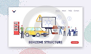 Benzene Structure Landing Page Template. Characters on Gas Station Filling Car l near Screen with Petroleum Ring Formula