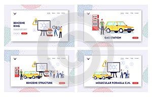 Benzene Structure Landing Page Template Set. Characters on Gas Station Fill Car with Fuel at Screen with Petroleum Ring