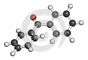 Benzophenone molecule, 3D rendering. Atoms are represented as spheres with conventional color coding: hydrogen (white), carbon (