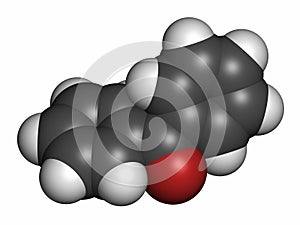 Benzophenone molecule, 3D rendering. Atoms are represented as spheres with conventional color coding: hydrogen (white), carbon (