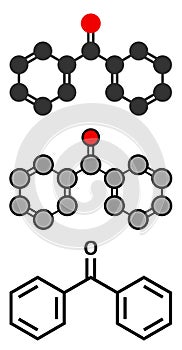 Benzophenone molecule. Stylized 2D renderings and conventional skeletal formula.