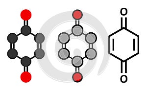 Benzoquinone quinone, para-benzoquinone molecule. Stylized 2D renderings and conventional skeletal formula.