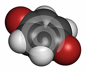 Benzoquinone (quinone, para-benzoquinone) molecule. 3D rendering. Atoms are represented as spheres with conventional color coding photo