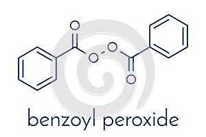 Benzoyl peroxide acne treatment drug molecule. Also used to dye hair and whiten teeth bleaching. Skeletal formula.