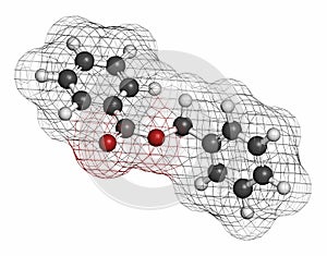 Benzyl benzoate drug molecule. Used as acaricide, scabicide, etc.  Atoms are represented as spheres with conventional color coding