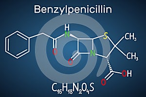 Benzylpenicillin penicillin G drug molecule. It is beta-lactam antibiotic. Structural chemical formula on the dark blue photo