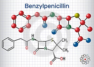 Benzylpenicillin penicillin G drug molecule. It is beta-lactam antibiotic. Structural chemical formula and molecule model. Sheet photo