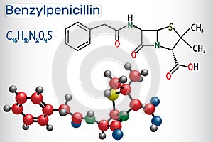 Benzylpenicillin penicillin G drug molecule. It is beta-lactam antibiotic. Structural chemical formula and molecule model photo