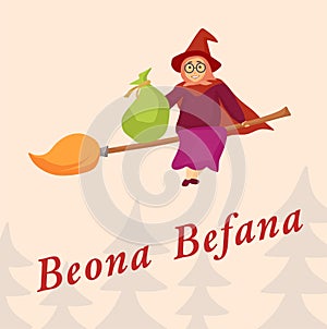 Beona Befana flies on a broomstick with a bag of gifts.