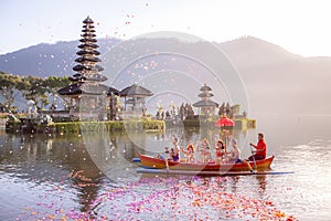 Beratan Lake in Bali Indonesia, Aug 16 2018 : Balinese villagers