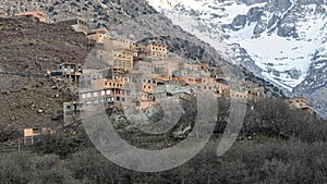 A Berber village in the High Atlas Mountains above the Kasbah du Toubkal, a unique mountain lodge in Toubkal National Park.