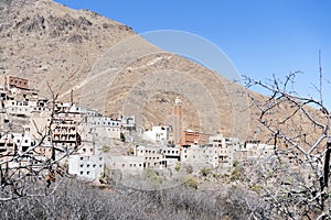 Berber village with mosque located high in Atlas mountains, Morocco