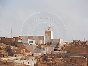 Berber village Tamezret Gabes province mosque hot desert of North Africa in Tunisia