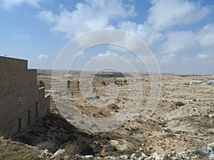 Berber village Tamezret Gabes province mosque hot desert of North Africa in Tunisia