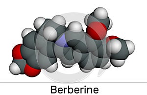 Berberine C20H18NO4, herbal alkaloid molecule. Molecular model