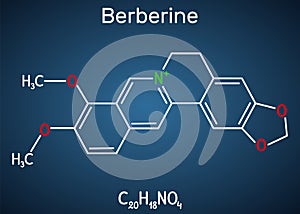Berberine C20H18NO4, herbal alkaloid molecule. Structural chemical formula on the dark blue background