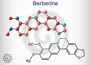 Berberine C20H18NO4, herbal alkaloid molecule. Structural chemical formula and molecule model. Sheet of paper in a cage