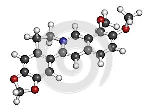 Berberine herbal medicine molecule. 3D rendering. Atoms are represented as spheres with conventional color coding: hydrogen white