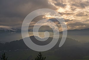 Berchtesgadener Land and mount Watzmann silhouette in contra light view, Germany