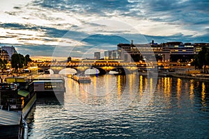 Bercy and pont de Bercy in Paris during blue hour in summer